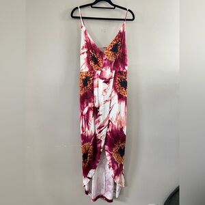 Free People‎ Floral Midi Dress- Satin Bold Print High Low White Red Pink Size 6